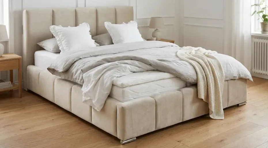 Andrarum Cleaton sängynrunko 160x200 cm säilytystilalla, HVILA-joustinpatja ja sijauspatja polyesterivaahdosta, käännettävä kesä- ja talvipuoli sekä pestävä päällinen Beige/valkoinen