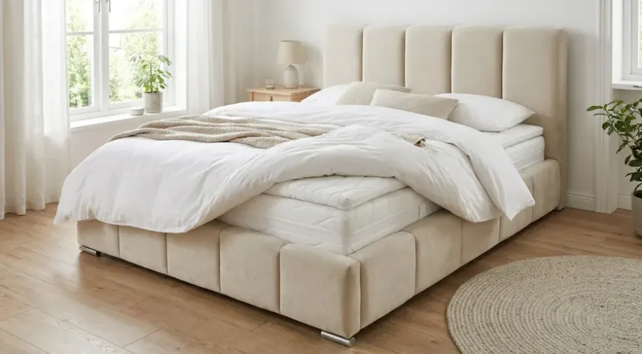 Andrarum Cleaton sängynrunko 160x200 cm säilytystilalla, HVILA-pussijousipatja ja sijauspatja polyesterivaahdosta, käännettävä kesä- ja talvipuoli sekä pestävä päällinen Beige/valkoinen