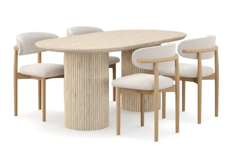 Andrarum Uppveda Ruokapöytä travertiinin näköinen 4 Jaiveer ruokatuolilla Beige