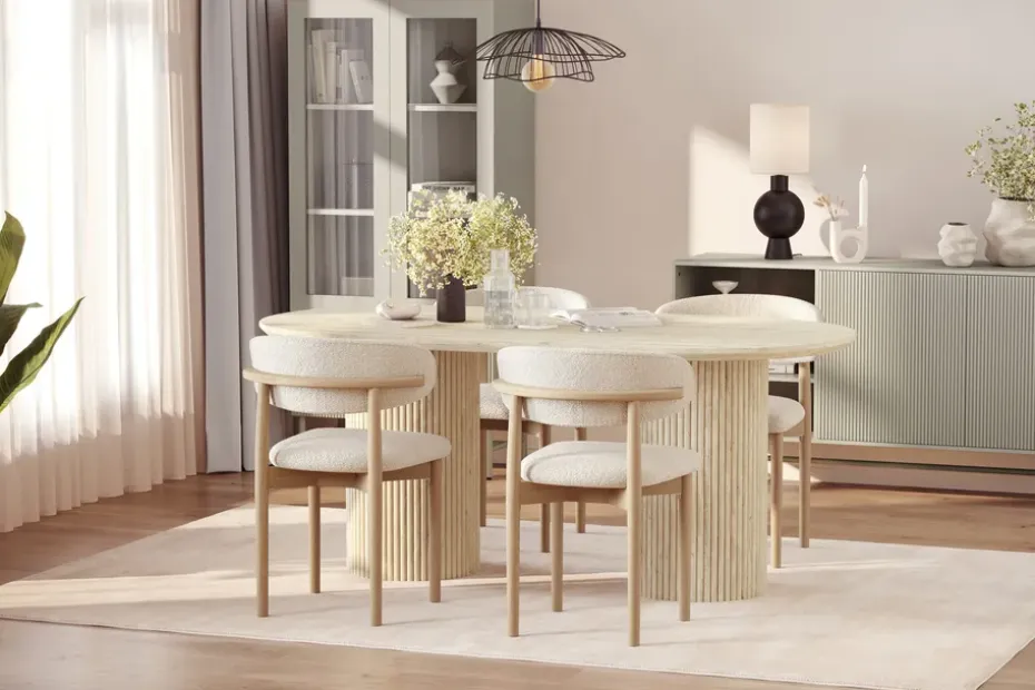 Andrarum Uppveda Ruokapöytä travertiinin näköinen 4 Jaiveer ruokatuolilla Beige
