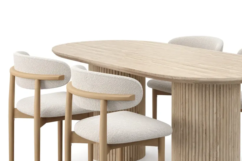 Andrarum Uppveda Ruokapöytä travertiinin näköinen 4 Jaiveer ruokatuolilla Beige