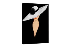 Canvas-taulu - Elegantti nainen, jolla on iso valkoinen hattu ja oranssit huulet Valkoinen / Musta / Oranssi