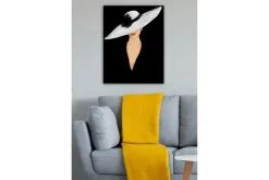 Canvas-taulu - Elegantti nainen, jolla on iso valkoinen hattu ja oranssit huulet Valkoinen / Musta / Oranssi