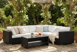 Comfort Garden Bahamas L-muotoinen ulkosohva oikea, 6-hengen, pöytä ja hylly Musta