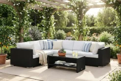 Comfort Garden Bahamas L-muotoinen ulkosohva vasen, 6-hengen, pöytä ja hylly Musta
