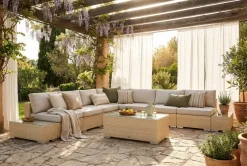 Comfort Garden Bahamas ulkokulmasohva 7-hengen, käännettävä, avoin pääty ja pöytä Hiekka