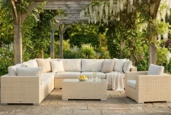 Comfort Garden Bahamas ulkokulmasohva 8-hengen, käännettävä, nojatuoli ja pöytä Hiekka