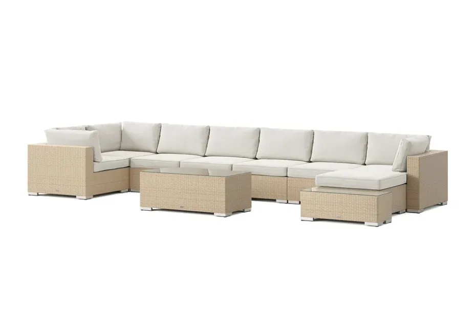Comfort Garden Bahamas ulko-U-sohva 8-hengen, käännettävä divaani, avoin pääty ja pöytä Hiekka