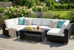 Comfort Garden Bahamas U-muotoinen ulkolounge-ryhmä avoimella päädyllä, 6-hengen, pöytä ja hylly Musta