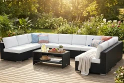 Comfort Garden Bahamas U-muotoinen ulkolounge-ryhmä avoimella päädyllä, 9-hengen, pöytä ja hylly Musta