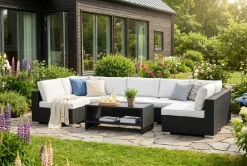 Comfort Garden Bahamas U-muotoinen ulkolounge-ryhmä avoimella päädyllä, 7-hengen, pöytä ja hylly Musta