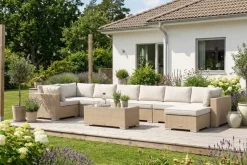 Comfort Garden Bahamas U-muotoinen ulkolounge-ryhmä 8-hengen, käännettävä divaani ja pöytä Hiekka
