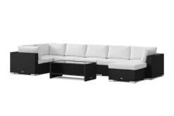Comfort Garden Bahamas U-muotoinen ulkolounge-ryhmä 7-hengen, käännettävä divaani ja pöytä hyllyllä Musta