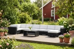 Comfort Garden Bahamas U-muotoinen ulkolounge-ryhmä 8-hengen, käännettävä divaani ja pöytä hyllyllä Musta