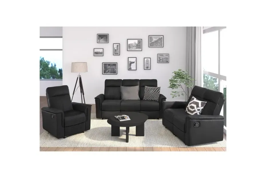 Loft24 2-istuttava sohva Southbrook Musta, Aito nahka/PU/Puu/Metalli, Manuaalinen nojatuoli Musta, Aito nahka/PU/Puu/Metalli, Manuaalinen nojatuoli