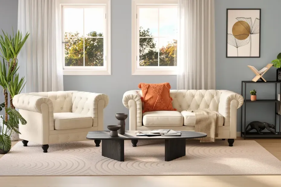 Manor House Chesterfield Lyx 2-istuttava samettisohva – Pieni syvä sohva Beige Sametti