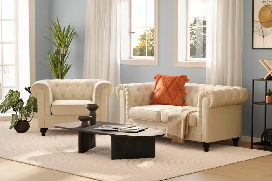 Manor House Chesterfield Lyx 2-istuttava samettisohva – Pieni syvä sohva Beige Sametti
