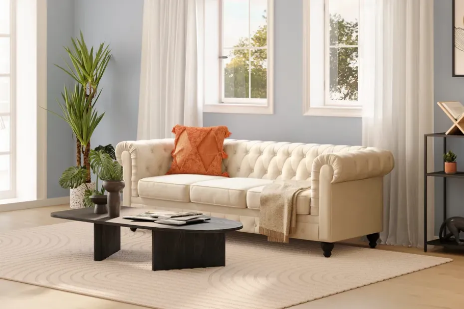Manor House Chesterfield Lyx 3-istuttava samettisohva – Syvä sohva Beige