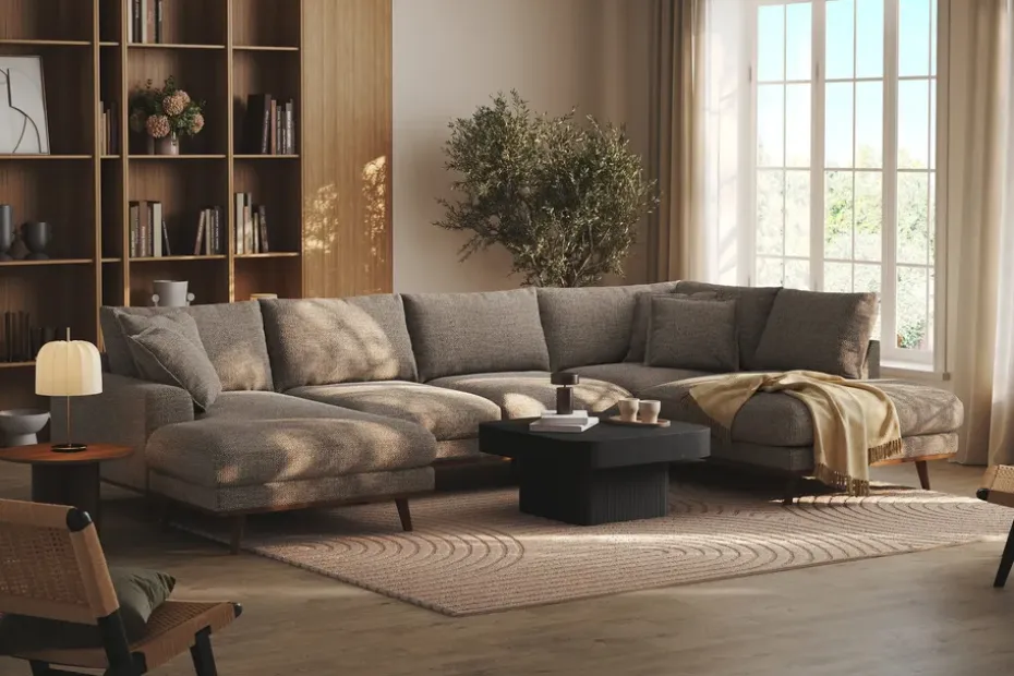 Scandinavian Choice Copenhagen Premium 5-istuttava Oikeakätinen U-muotoinen Sohva Divaanilla ja Schäslongilla Chenillekankaalla Ruskea